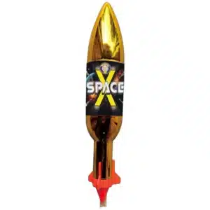 Space X firework rocket with gold casing and bold design